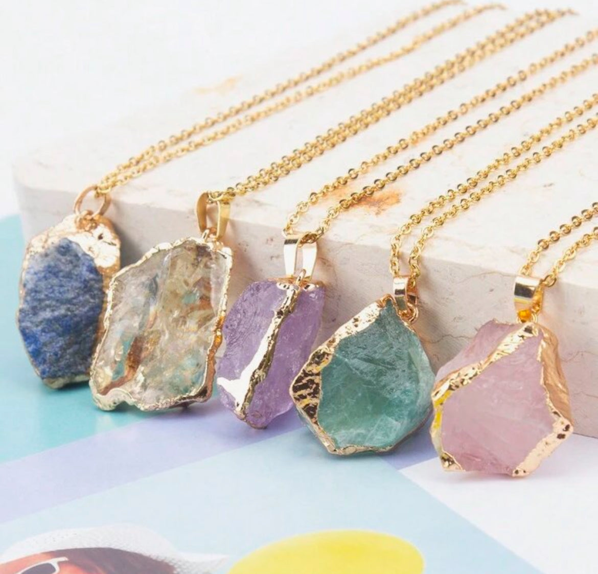 Pink Quartz and gold plated chain