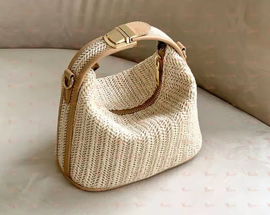 Small Straw Handbag Trendy Shoulder Bag Woven Bucket Crossbody Bag Casual Seaside Beach Bag