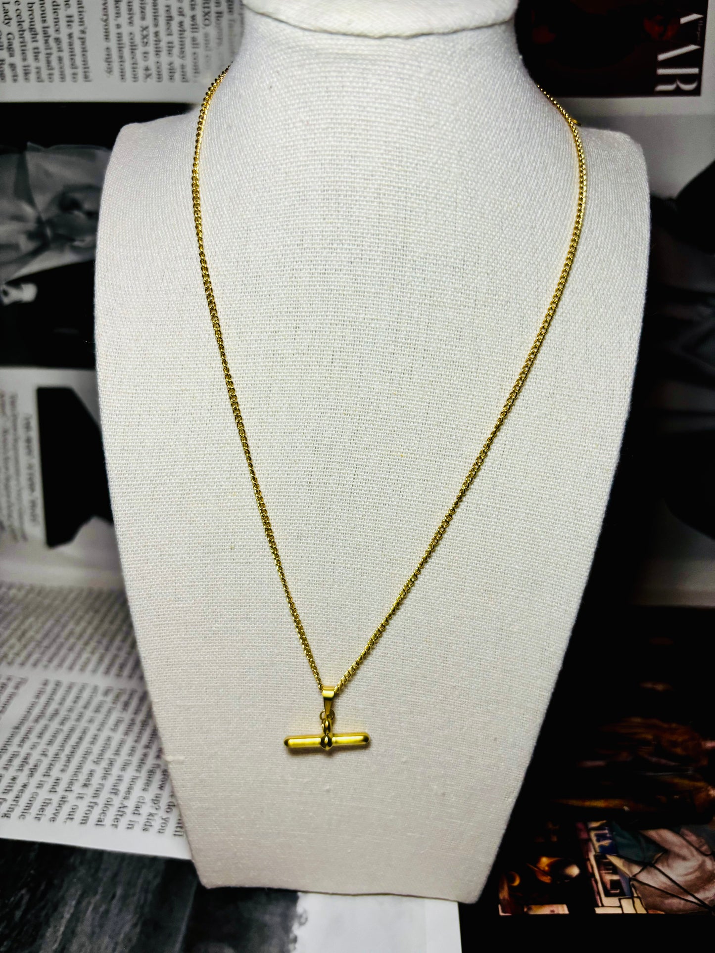 T bar gold plated necklace or earrings