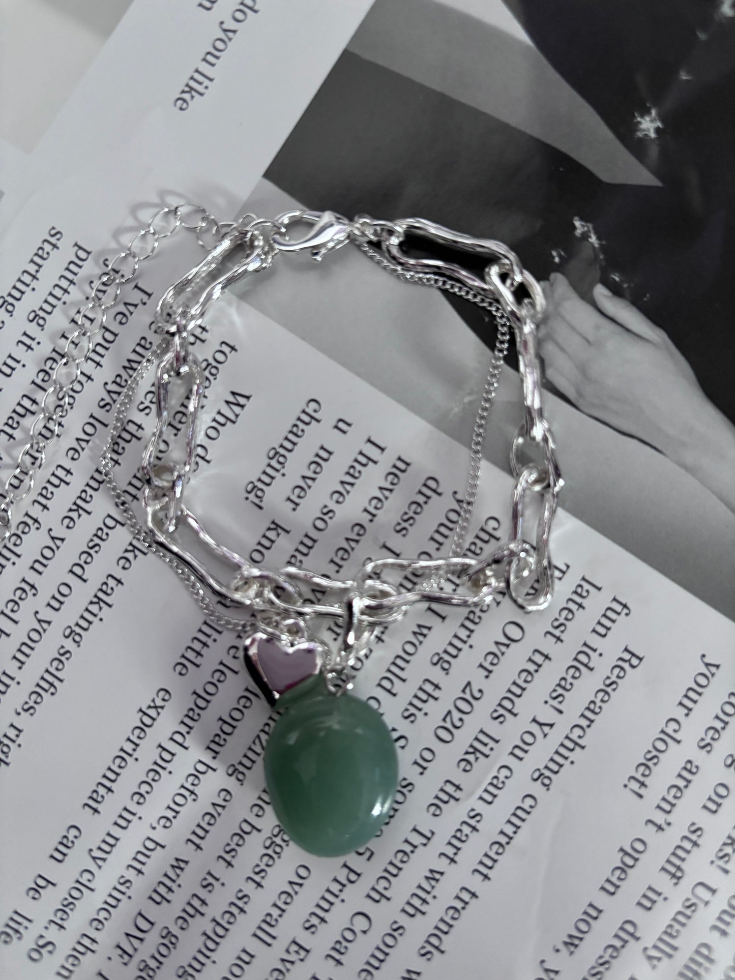 Elegant Layered Bracelet in silver or gold - with Emerald stone pendant