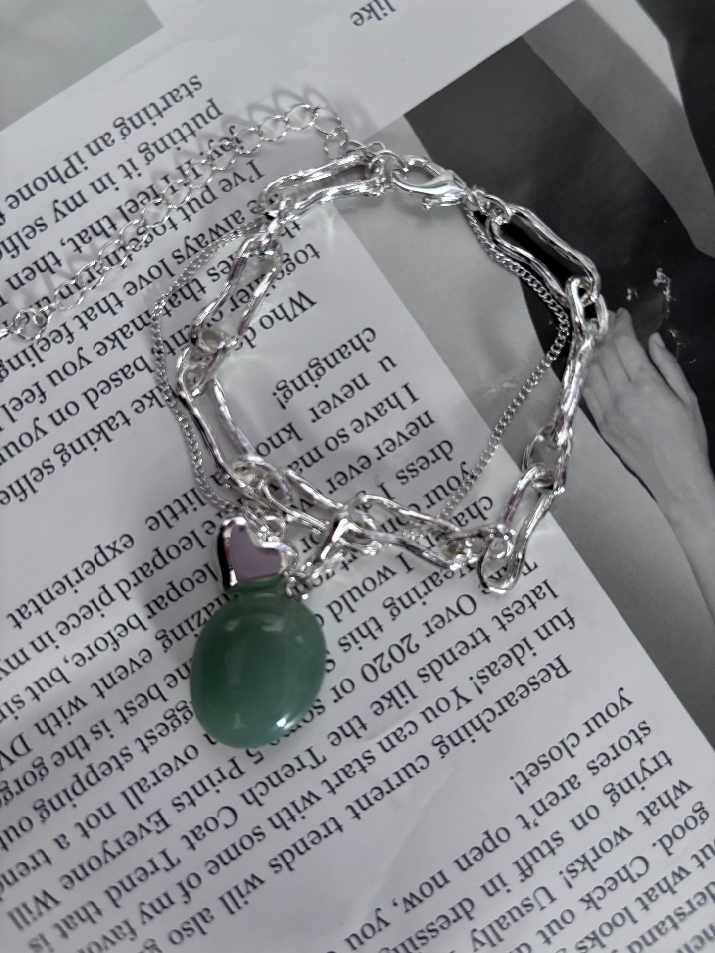 Elegant Layered Bracelet in silver or gold - with Emerald stone pendant