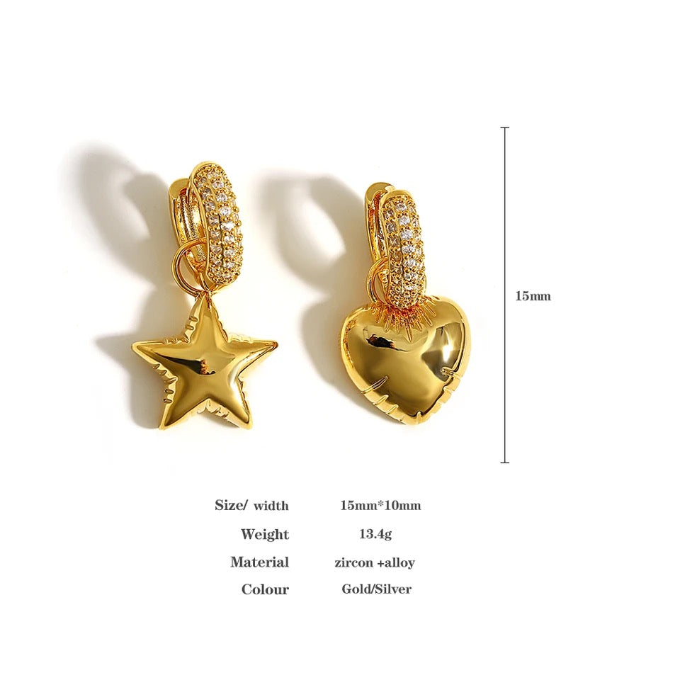 Star and Hearts - Gold and Diamante Earrings